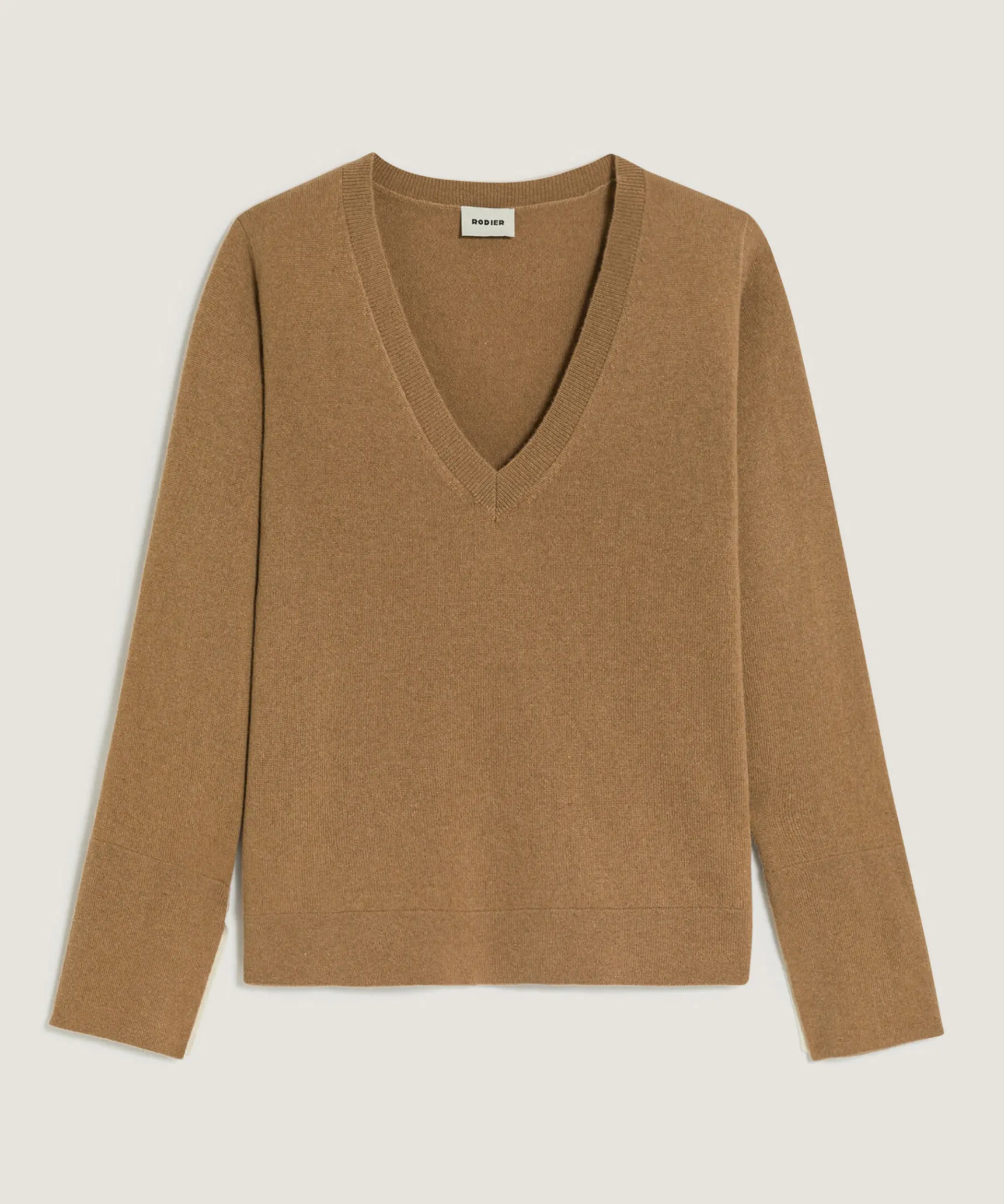 Sale Rodier Pull col V en cachemire marron camel