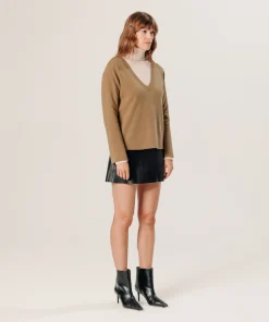 Sale Rodier Pull col V en cachemire marron camel