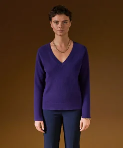 Rodier Pull col V en cachemire violet foncé