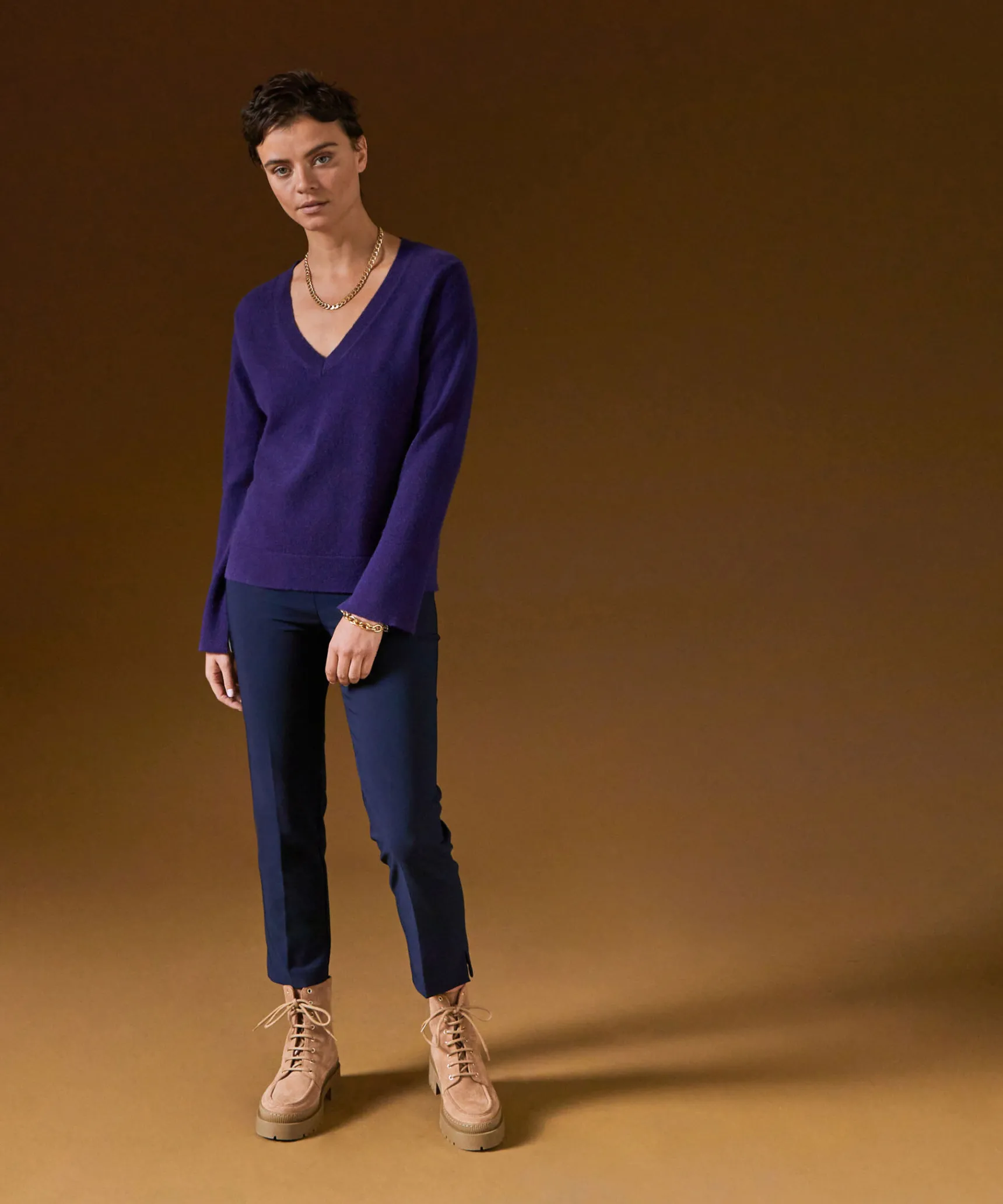 Rodier Pull col V en cachemire violet foncé