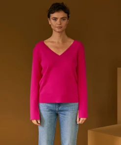 Outlet Rodier Pull col V en cachemire rose tonique