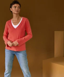 Online Rodier Pull col V en cachemire orange corail