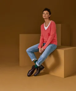 Online Rodier Pull col V en cachemire orange corail