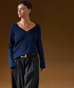 Rodier Pull col V en cachemire bleu marine
