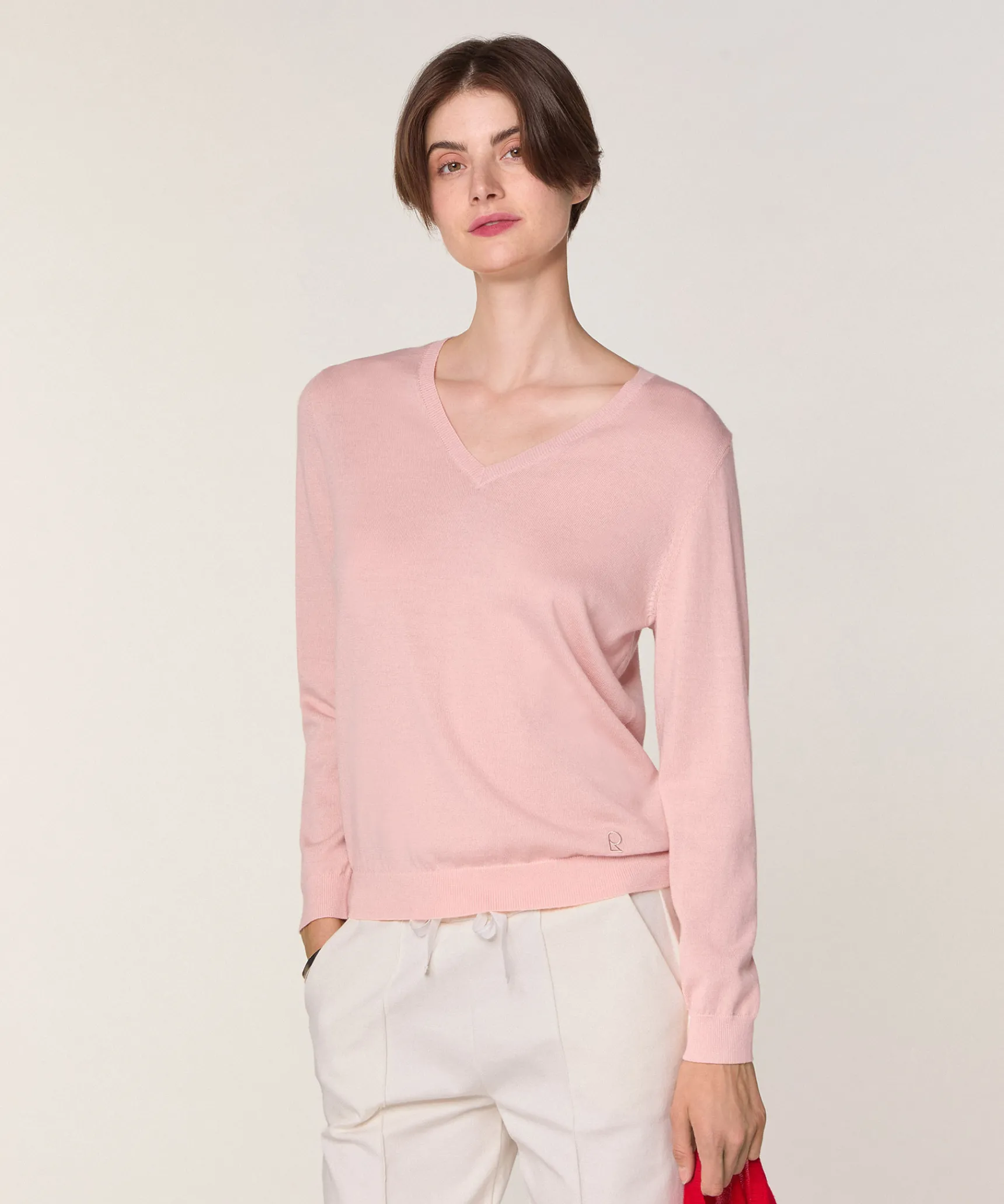 Hot Rodier Pull col V en laine mérinos rose perle