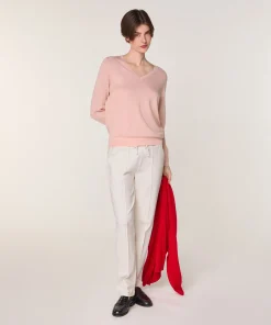 Hot Rodier Pull col V en laine mérinos rose perle