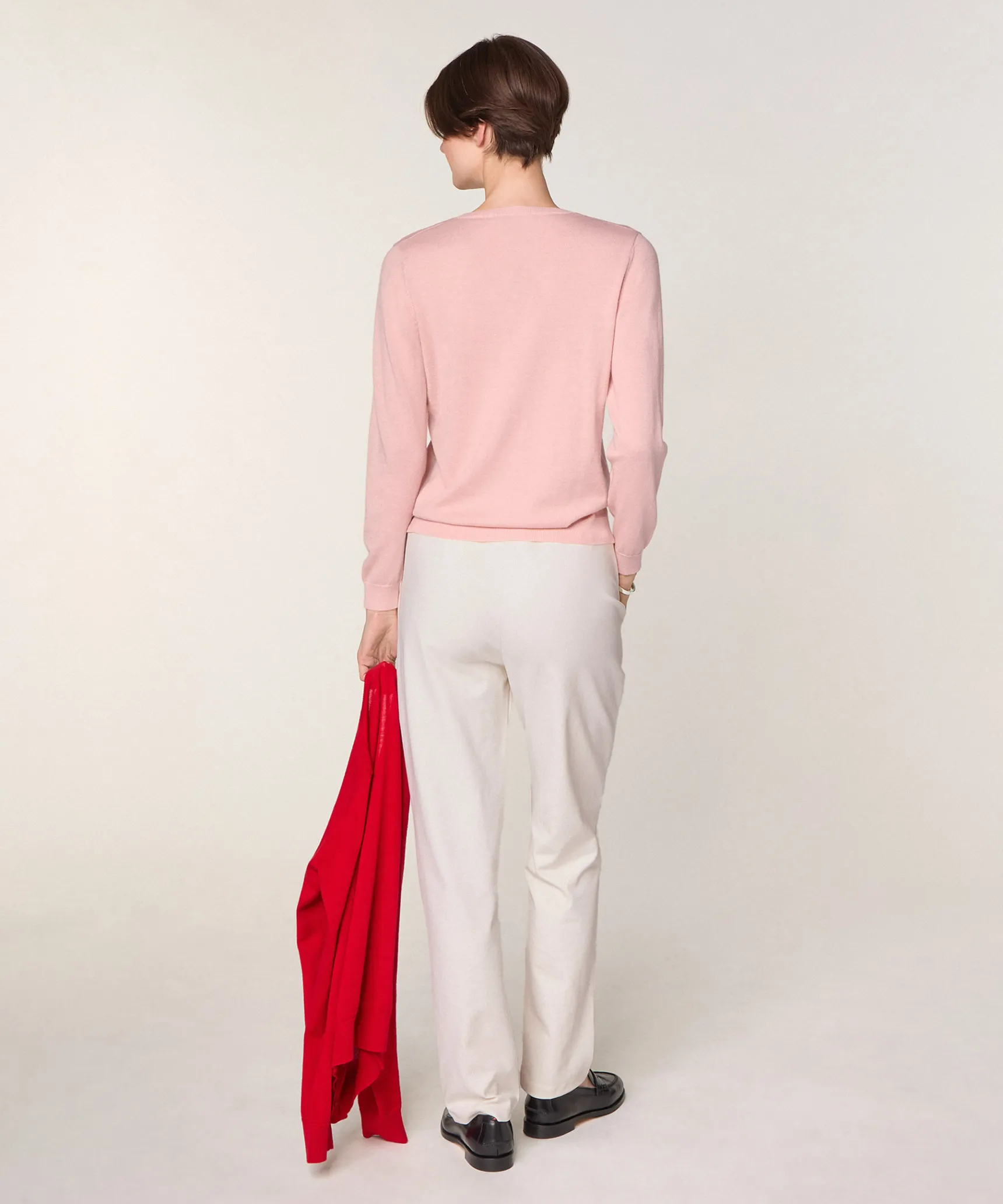 Hot Rodier Pull col V en laine mérinos rose perle