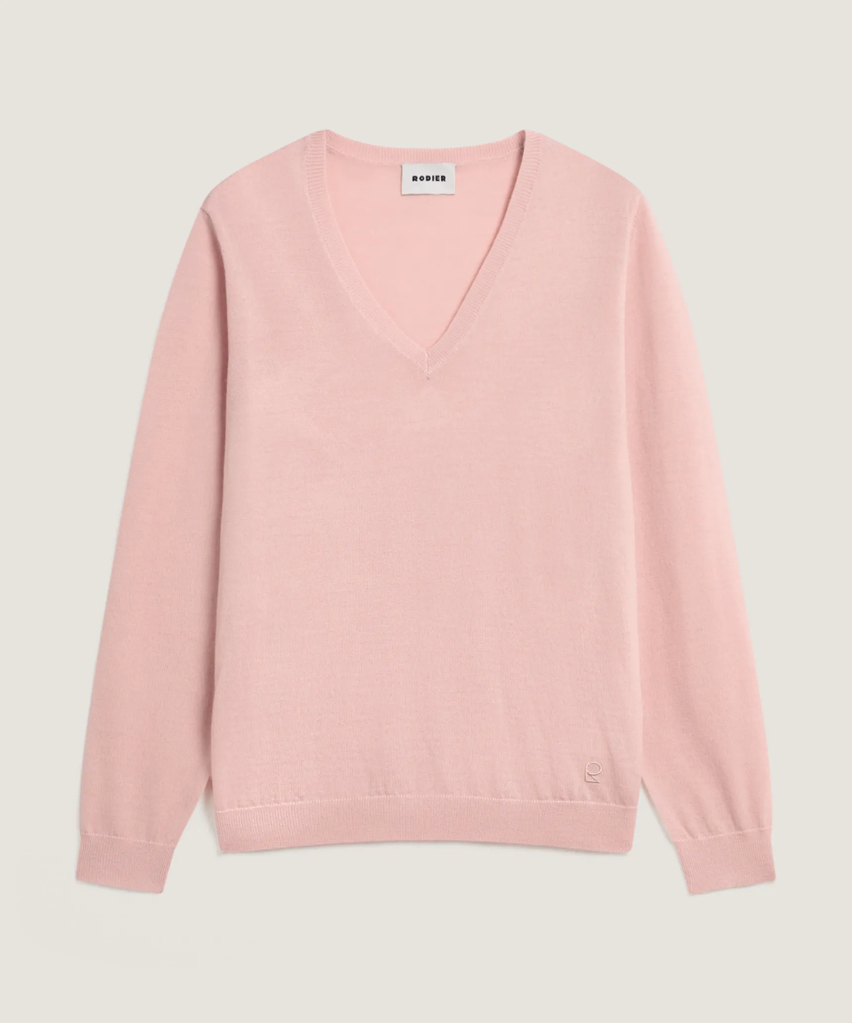 Hot Rodier Pull col V en laine mérinos rose perle
