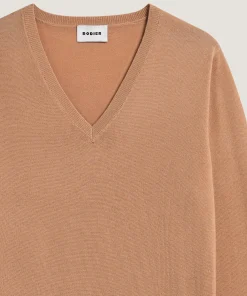 Best Rodier Pull col V en laine mérinos marron camel