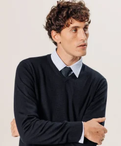 New Rodier Pull col V en laine mérinos bleu nuit