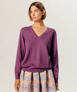 Clearance Rodier Pull col V en laine mérinos violet parme clair