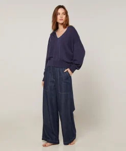 New Rodier Pull col V en maille fine bleu denim