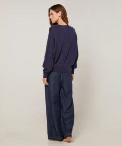 New Rodier Pull col V en maille fine bleu denim