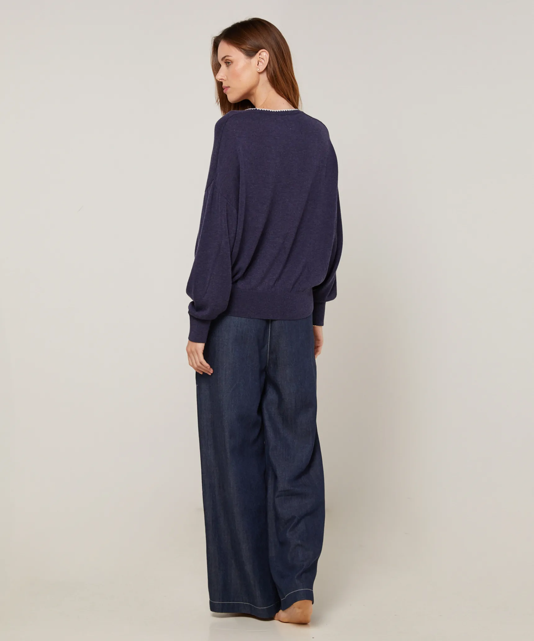 New Rodier Pull col V en maille fine bleu denim