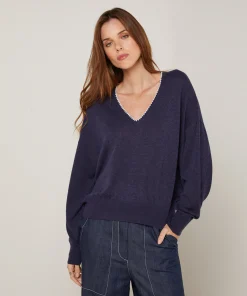 New Rodier Pull col V en maille fine bleu denim