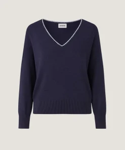 New Rodier Pull col V en maille fine bleu denim