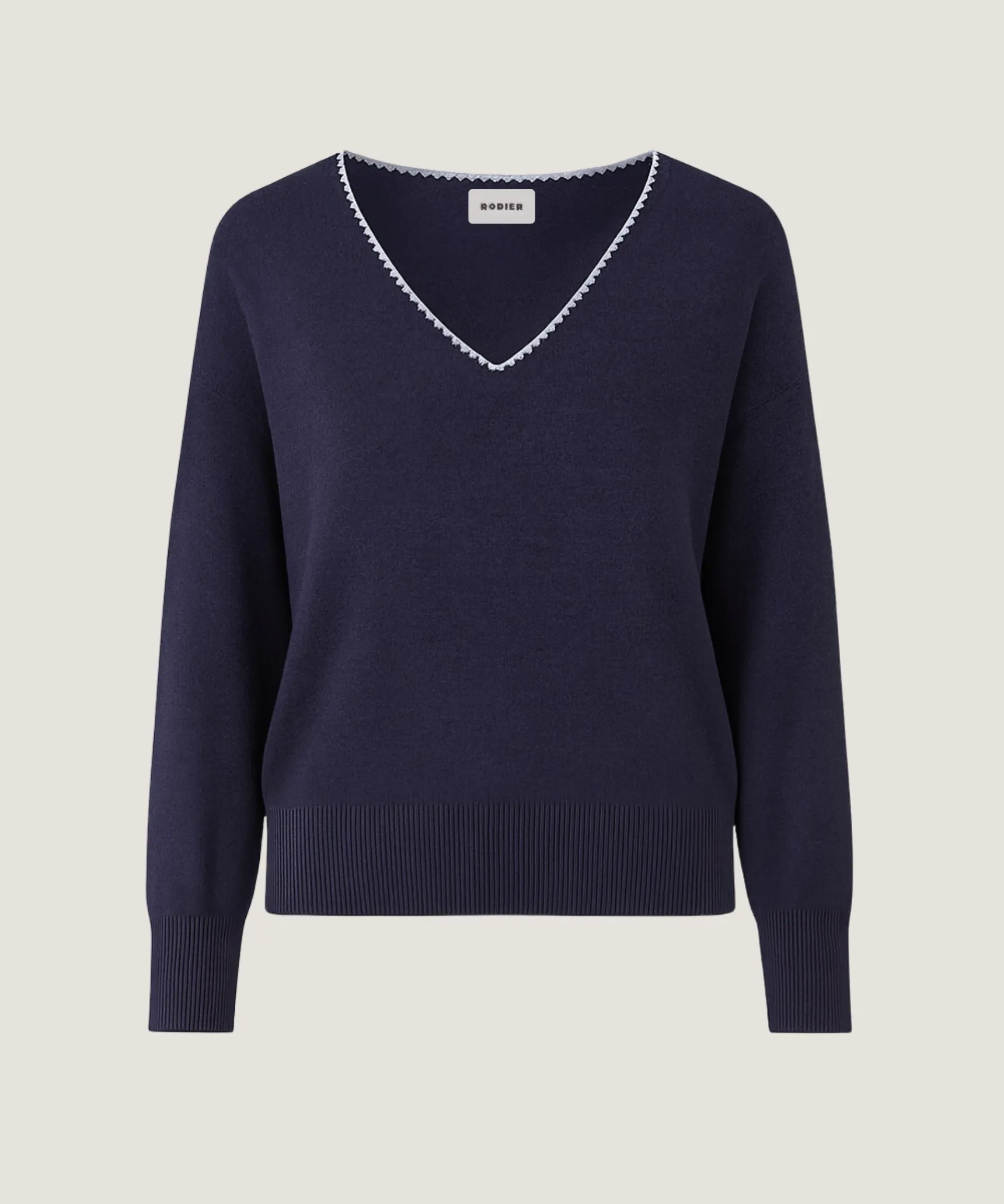 New Rodier Pull col V en maille fine bleu denim