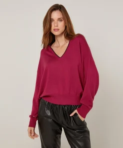 Clearance Rodier Pull col V en maille fine rouge grenat