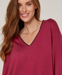 Clearance Rodier Pull col V en maille fine rouge grenat
