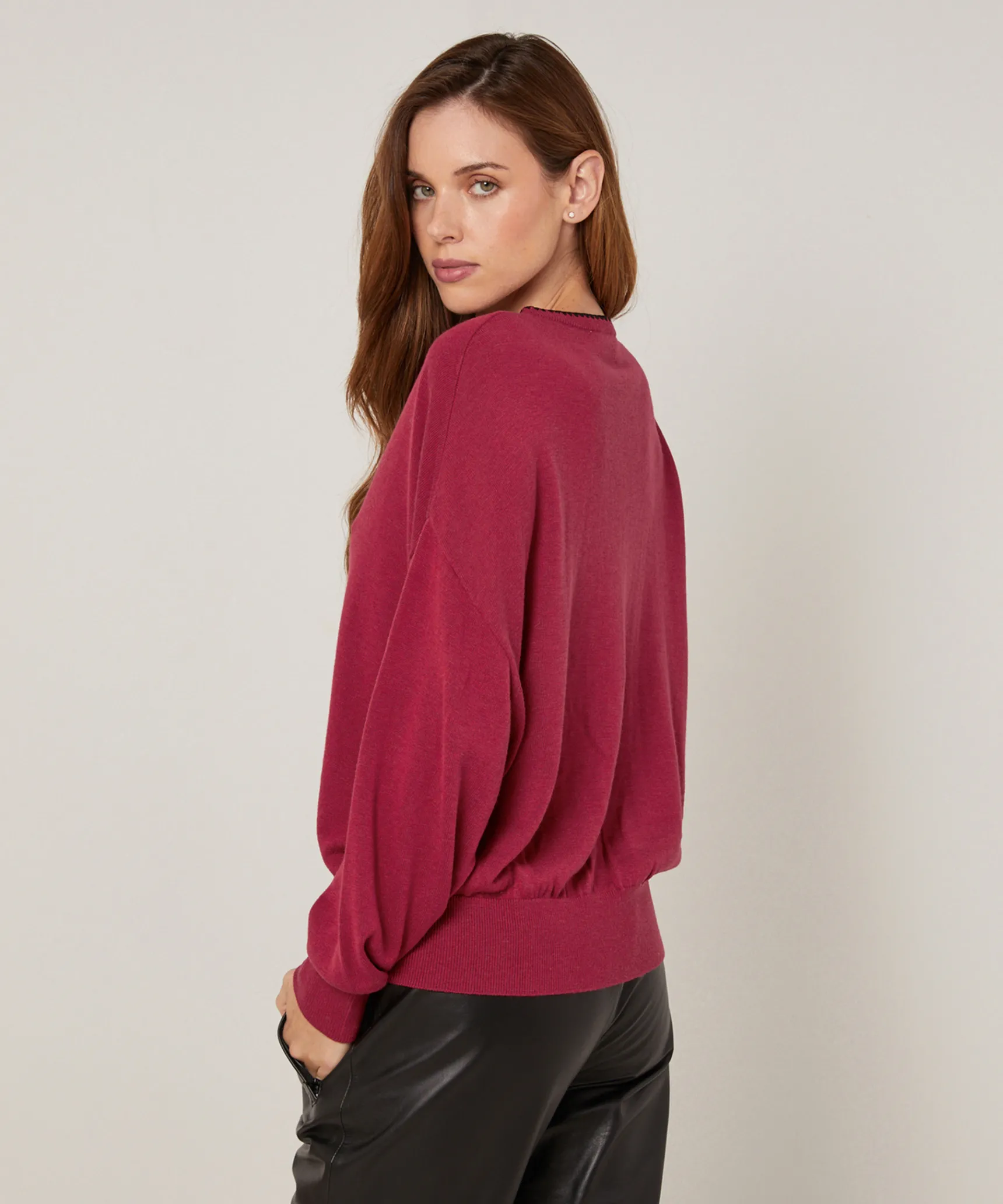 Clearance Rodier Pull col V en maille fine rouge grenat