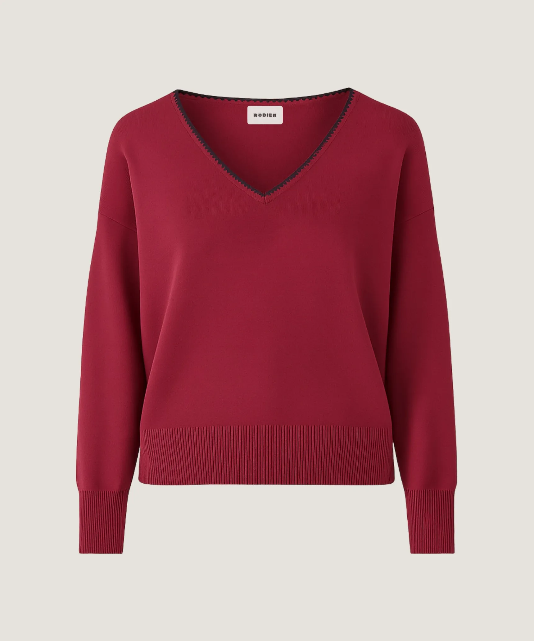 Clearance Rodier Pull col V en maille fine rouge grenat