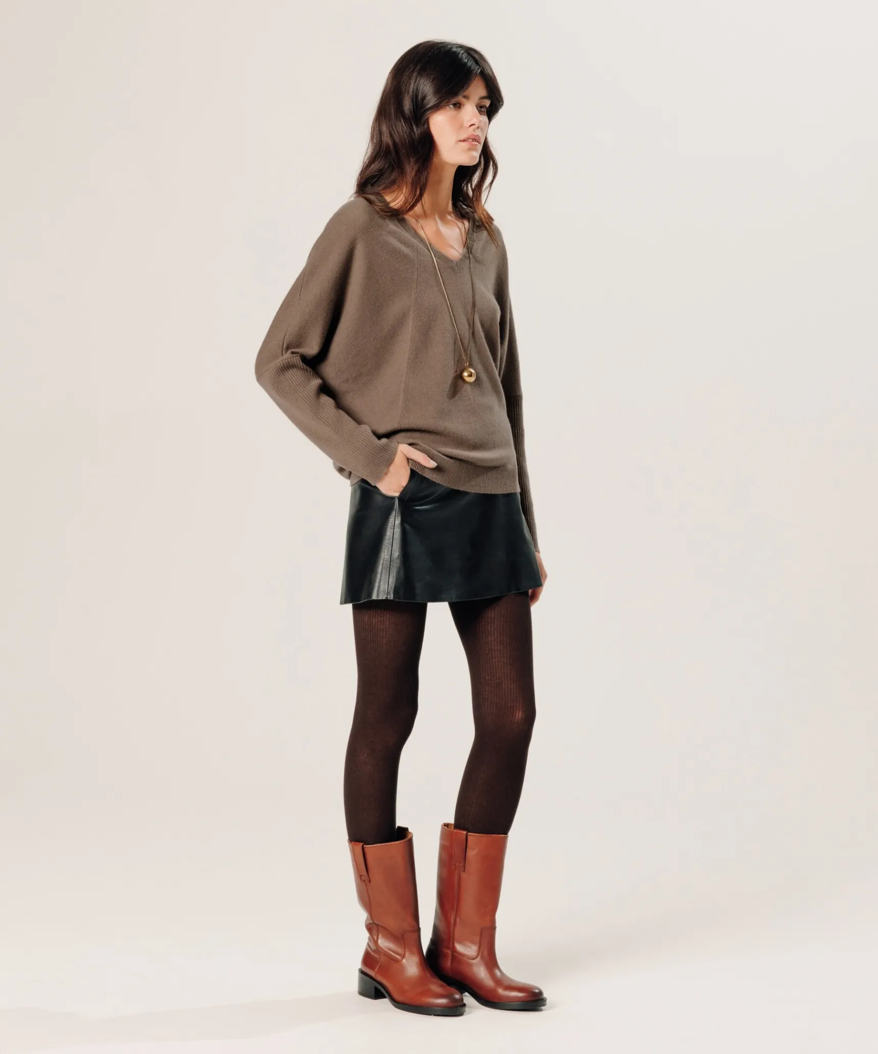Clearance Rodier Pull col V oversize en cachemire marron havane