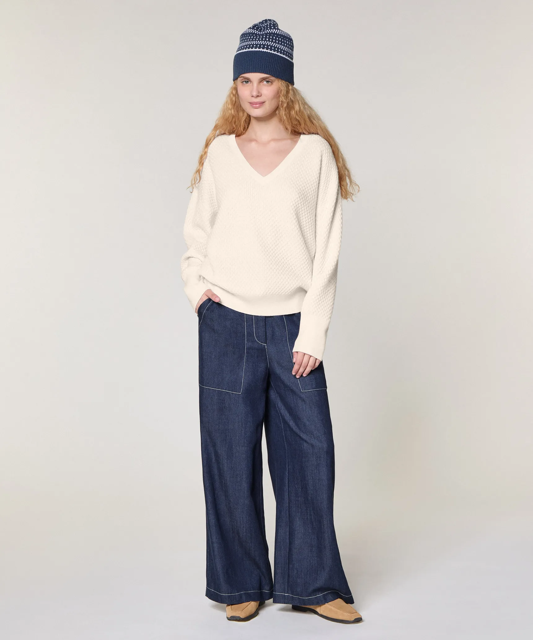 New Rodier Pull col V point fantaisie blanc écru