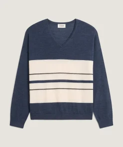 Rodier Pull col V rayé en laine mérinos bleu denim