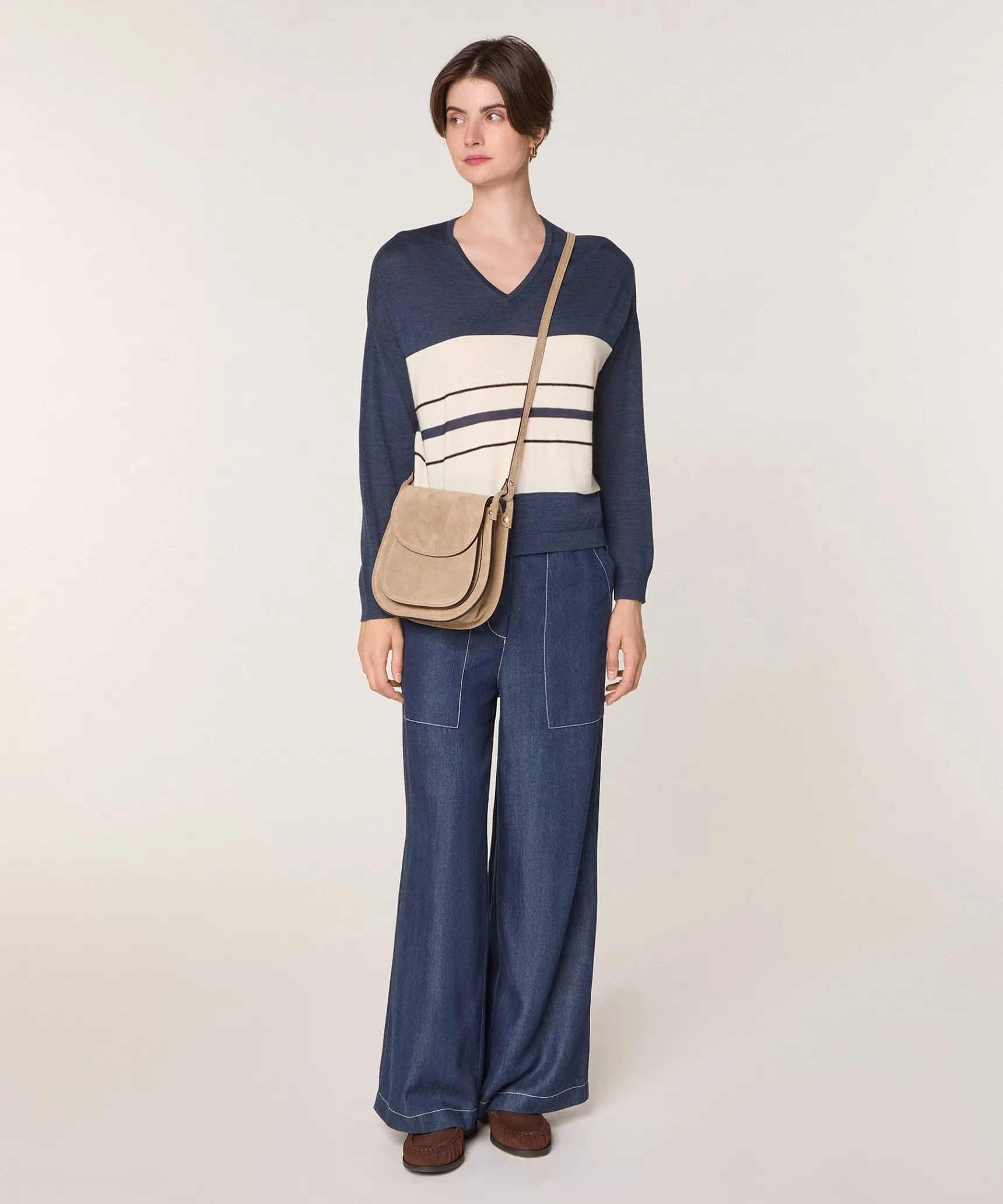 Rodier Pull col V rayé en laine mérinos bleu denim