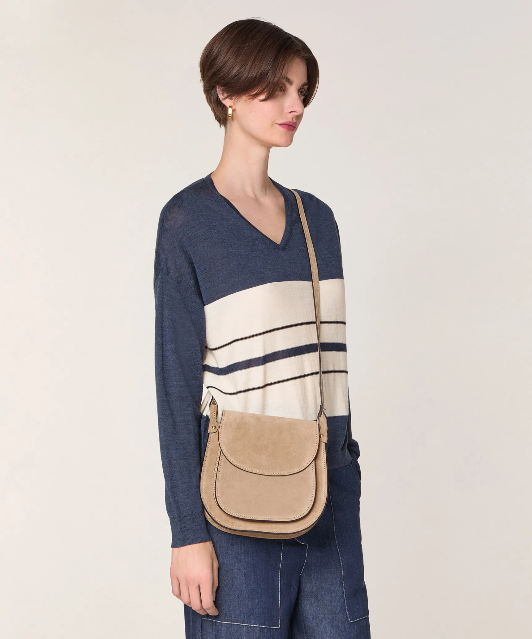 Rodier Pull col V rayé en laine mérinos bleu denim