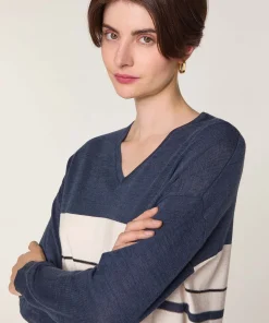 Rodier Pull col V rayé en laine mérinos bleu denim
