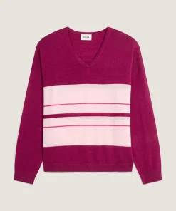 Hot Rodier Pull col V rayé en laine mérinos violet cassis