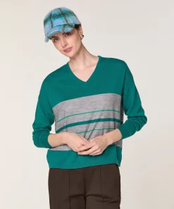 Online Rodier Pull col V rayé en laine mérinos vert canard