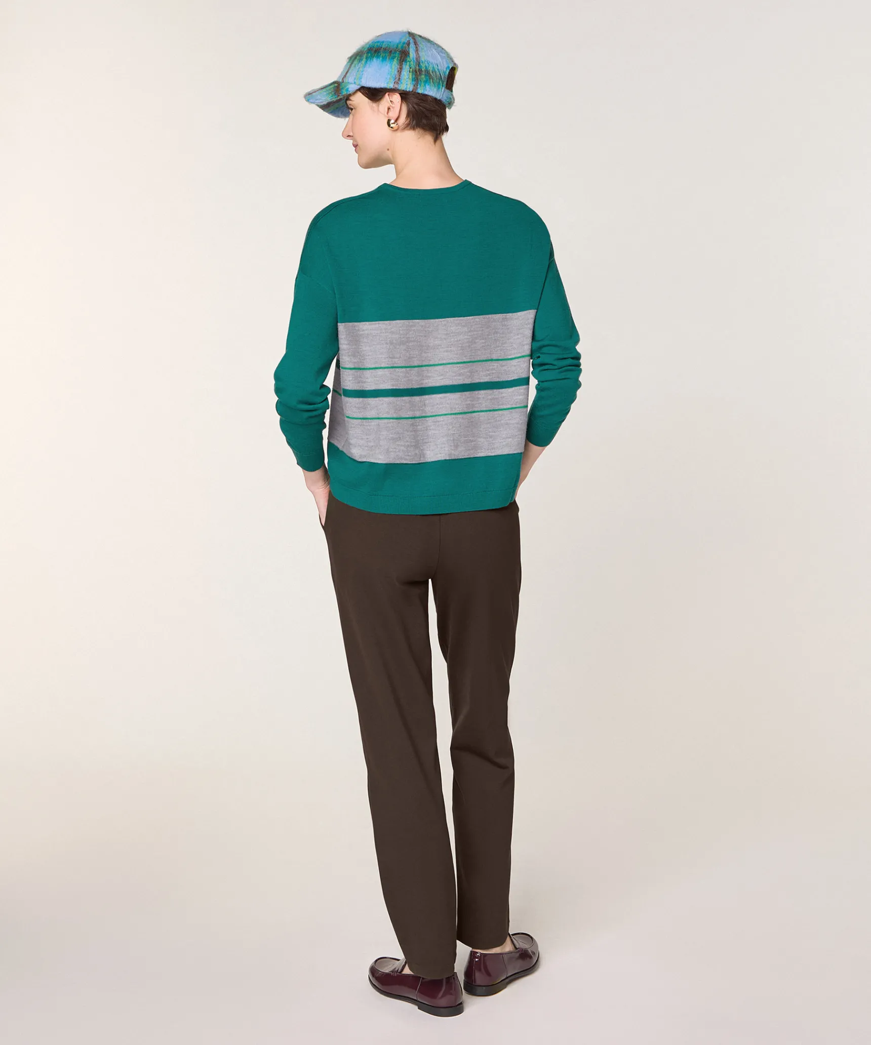 Online Rodier Pull col V rayé en laine mérinos vert canard