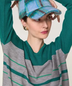 Online Rodier Pull col V rayé en laine mérinos vert canard