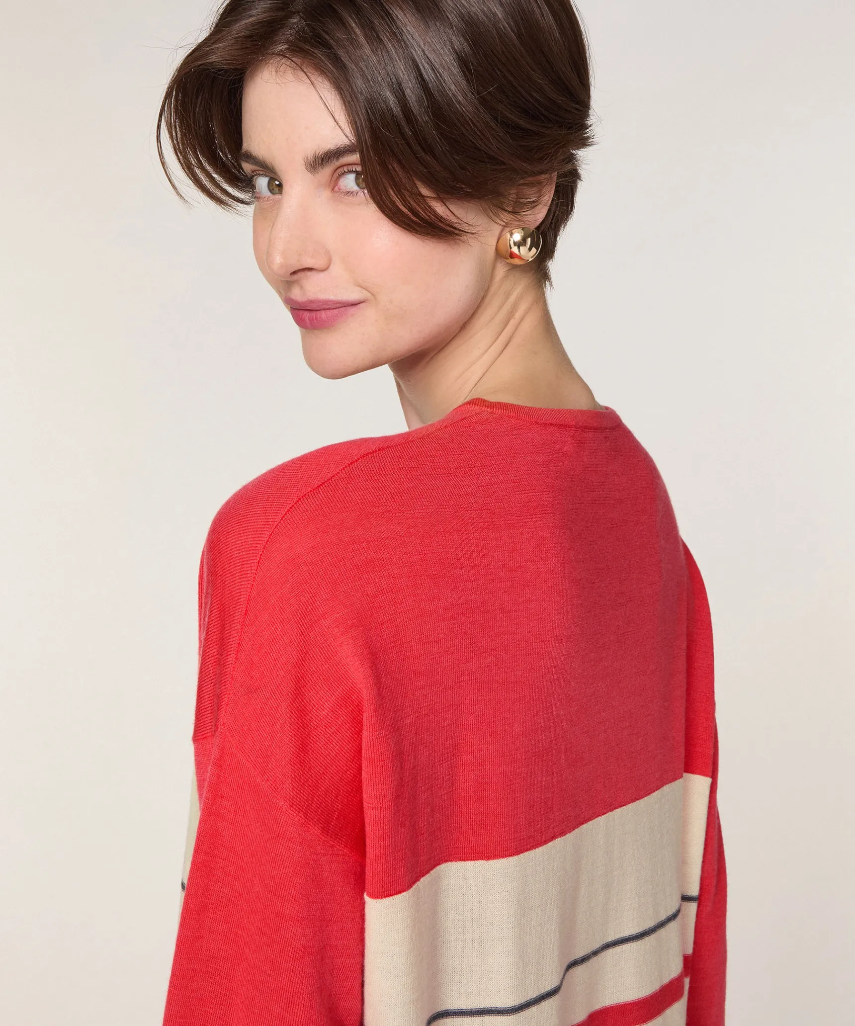 Sale Rodier Pull col V rayé en laine mérinos orange corail