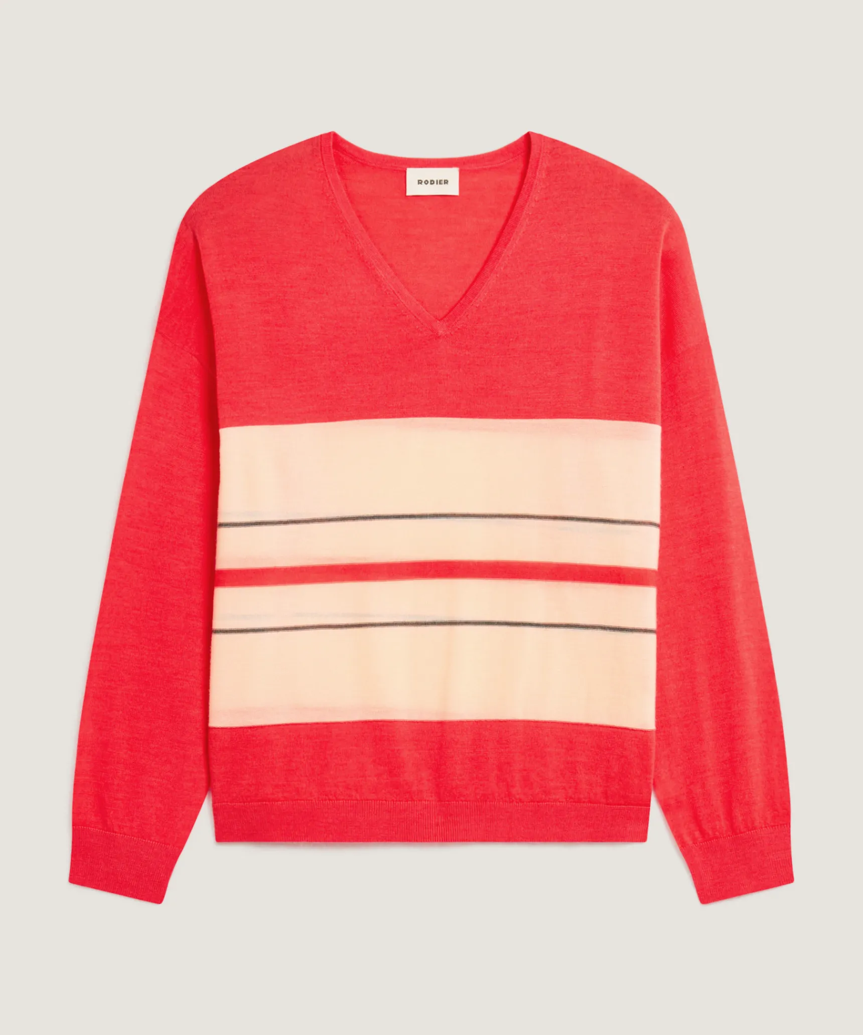 Sale Rodier Pull col V rayé en laine mérinos orange corail