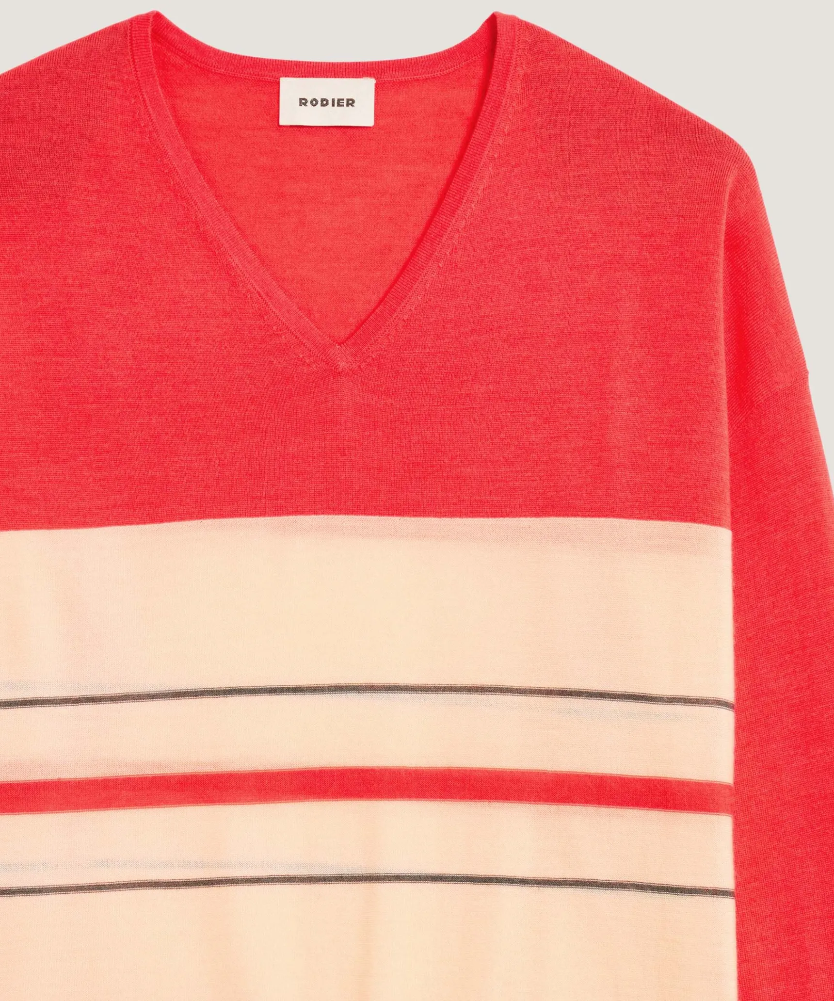 Sale Rodier Pull col V rayé en laine mérinos orange corail