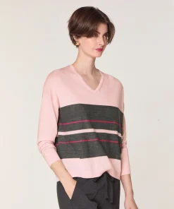 Best Rodier Pull col V rayé en laine mérinos rose perle