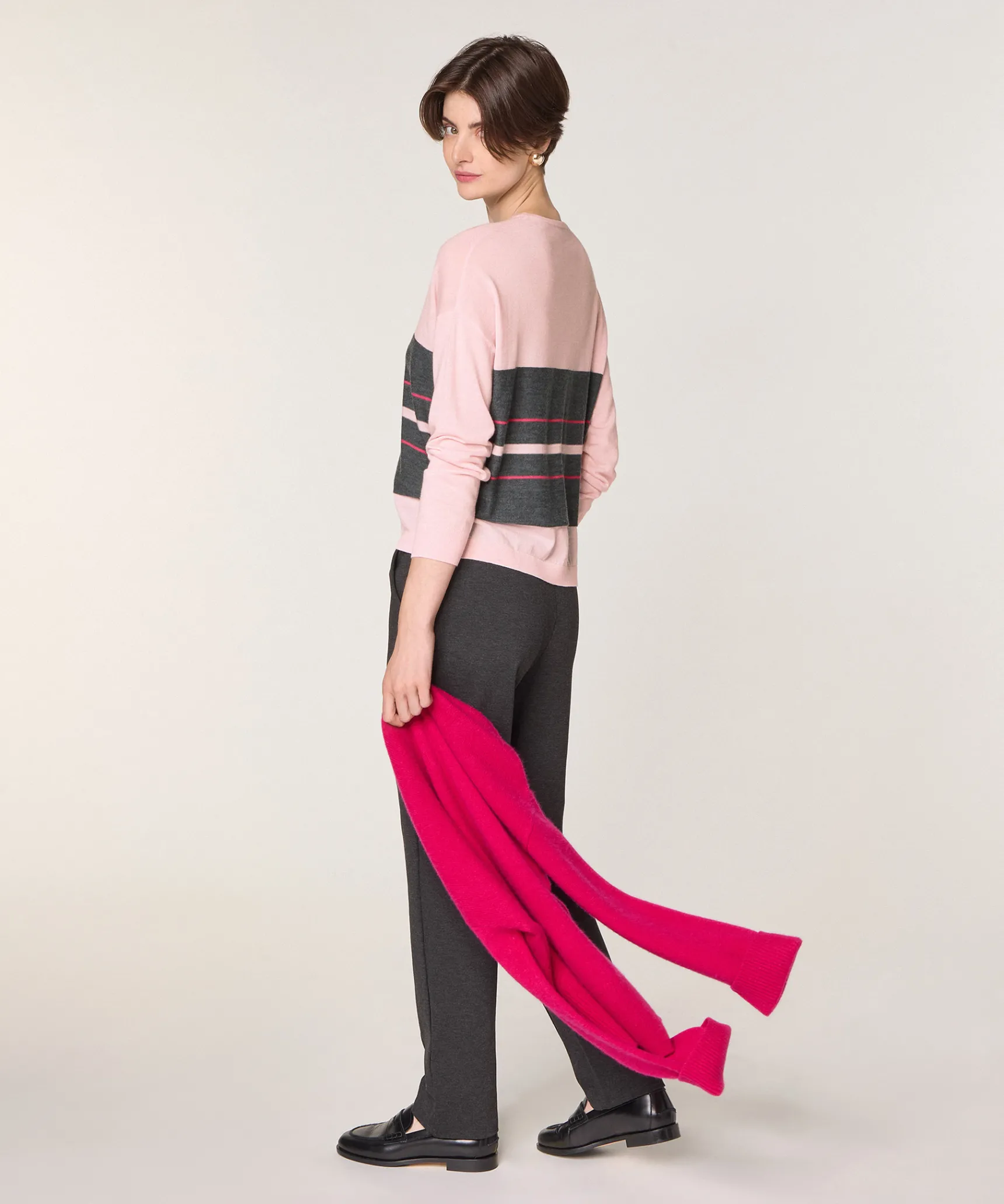 Best Rodier Pull col V rayé en laine mérinos rose perle