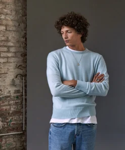 New Rodier Pull homme col rond en cachemire 2 fils bleu ciel