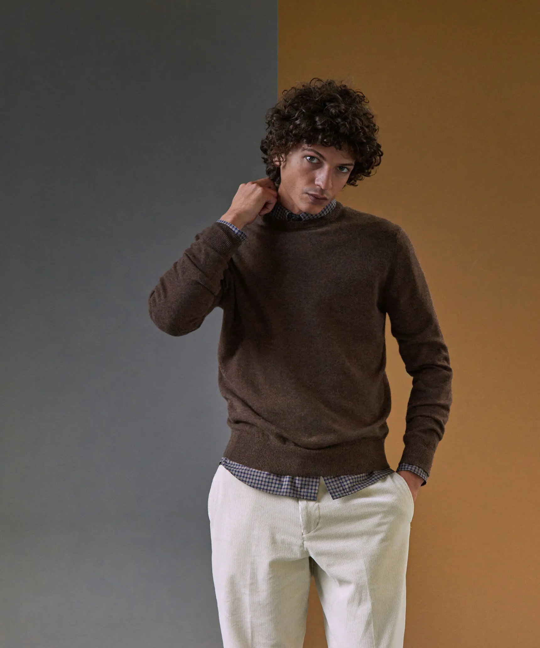 Outlet Rodier Pull homme col rond en cachemire 2 fils marron foncé