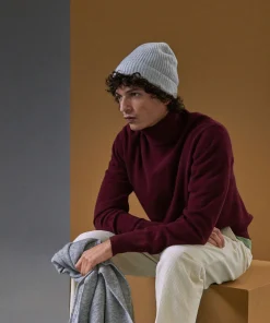 Hot Rodier Pull homme col roulé en cachemire 2 fils bordeaux