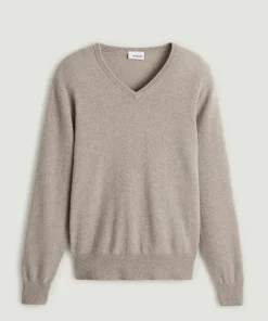 Hot Rodier Pull homme col V cachemire beige foncé
