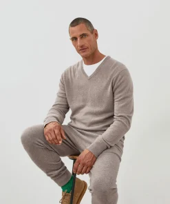 Hot Rodier Pull homme col V cachemire beige foncé