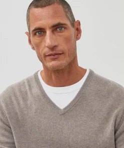Hot Rodier Pull homme col V cachemire beige foncé
