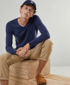 Hot Rodier Pull homme col V en cachemire 2 fils denim
