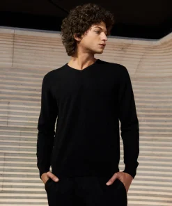 Hot Rodier Pull homme col V en cachemire 2 fils noir