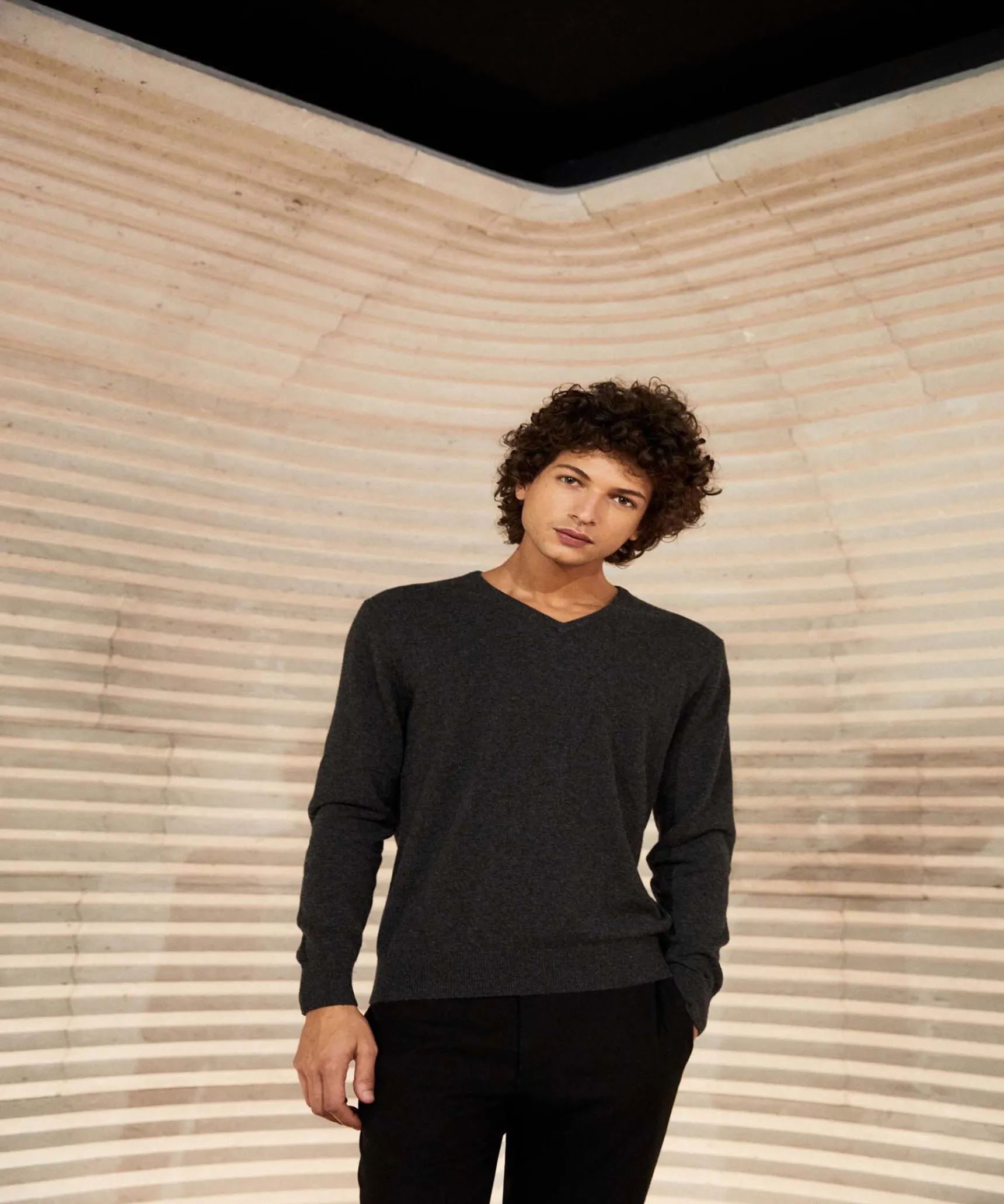 Online Rodier Pull homme col V en cachemire 2 fils anthracite