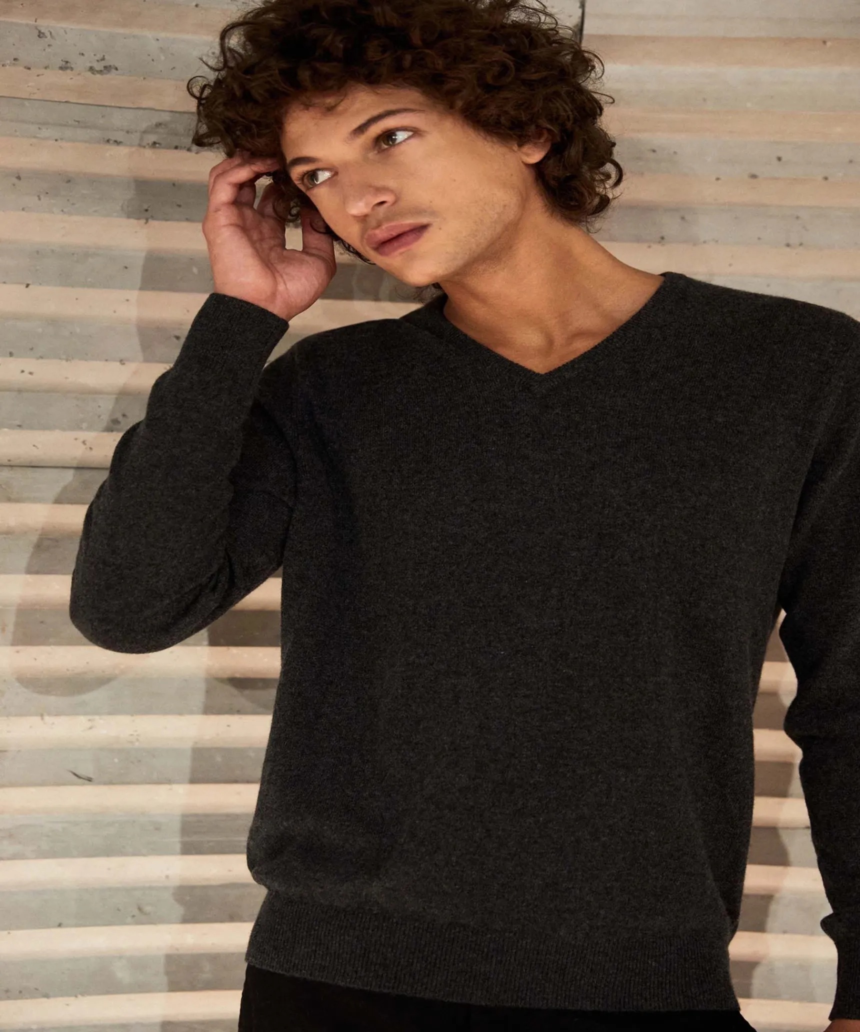 Online Rodier Pull homme col V en cachemire 2 fils anthracite